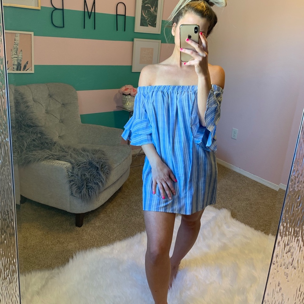 Off the shoulder in light blue